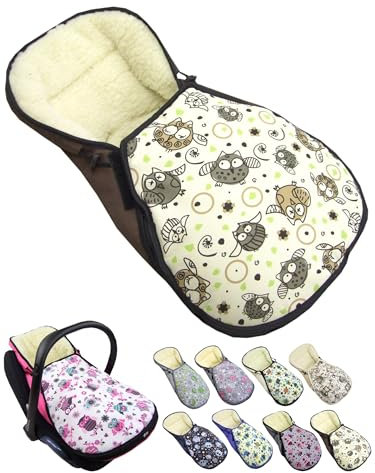 Fußsack für Babyschale [Winterfußsack] für Kinderautositz kompatibel mit Maxi Cosi Babyschalen Gruppe 0+ Lammwolle Sitzauflage verstellbar (Eule 5)