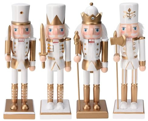 Daniel James Nutcracker Soldier - 25cm Wooden Christmas Nutcracker Ornament - Traditional Gold Nutcracker Soldier Figure - Classic Indoor Xmas Decoration for Home - Hand-Painted Pinewood, SET OF 4