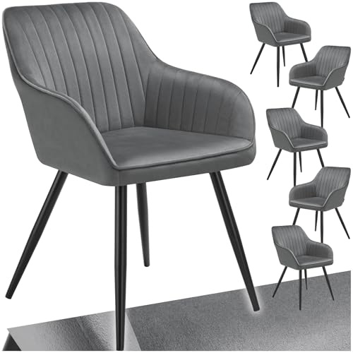 tectake® Samt Stuhl, Esszimmerstuhl mit Samtstoff, Küchenstühle modern, gemütlicher Sessel Wohnzimmer, Armlehnstuhl Esszimmer, Dining Lounge, Schminktisch Stuhl - grau/schwarz, 6er Set