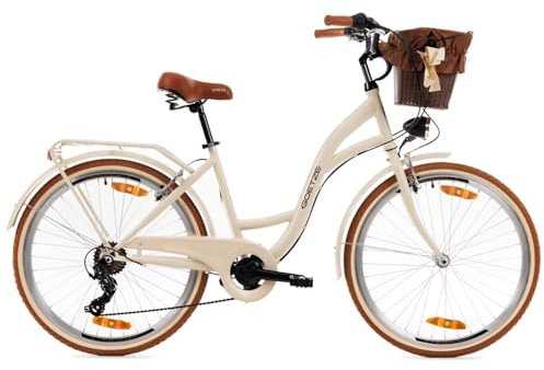 Goetze Mood 26 Zoll Damen Citybike, 17 Zoll Tiefeinsteiger Rahmen, 6-Gang Kettenschaltung, V-Bremse, LED-Beleuchtung, Gepäckträger, Komfortsattel, Schutzbleche, Rattankorb mit Stoffeinsatz!