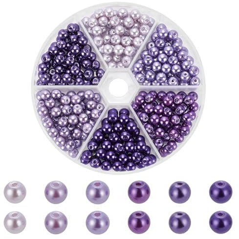 WADORN 300 pièce Perles de Verre Nacrées Violettes, 6 couleurs 6mm Perles Rondes en Verre Violettes Charm Artisanales en Vrac avec Trous pour Fabrication de Bijoux Bracelets Colliers D'Oreilles