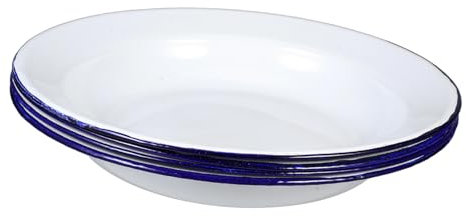 Healifty 4pcs 22cm White Enamel Plates Serving Dishes round Fruit Snack Shallow Soup Bowls Camping Dinnerware Kitchen Bbq Tableware for Home and Restaurant