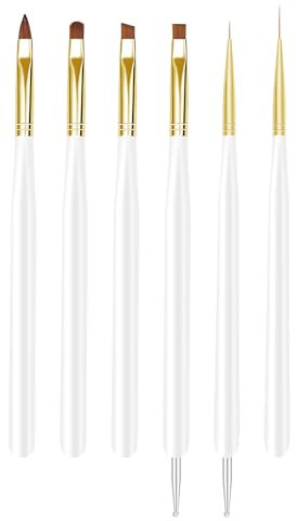 Nail Art Brushes, 6Pcs Nail Art Painting Tools with Nail Art Fine Liner Brush, Nail Design Painting Brushes Set, Builder Gel Brush, Nail Dotting Pen for Gel Polish Manicure Salon DIY, White