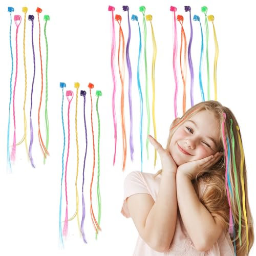 Nogeqi 24 PCS Colored Hair Extensions for Kids, Rainbow Hair Braids for Kids Hairaccessories for Birthday Party and Children Performance(2 Styles）