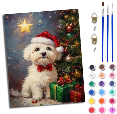 WJWWANG Pintar por Numeros Adultos DIY Pintura por Números Navidad maltesa Kit de Pintura al óleo de Lienzo DIY para con Pinceles Pigmento Acrílico 40 x 50cm (Sin Marco)