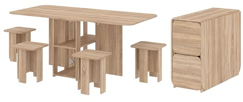 Rodnik Klappbarer Esstisch Set mit 4 Hockern, Tisch von 36 auf 177 cm auklappbar, Hocker im Tisch verstaubar (Sonoma Eiche)
