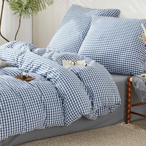 SAPHREAS Bettwäsche 200x220 Baumwolle Gewaschene Kariert 3teilig, Geometrisch Karomuster Bettwäsche Sets Oeko-Tex Zertifiziert Bettbezug mit Reißverschluss, Marine