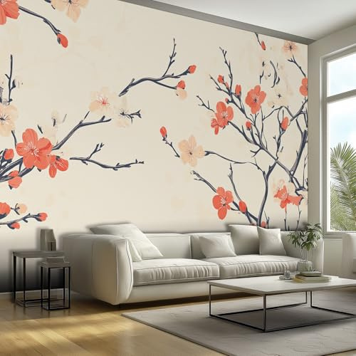 Fototapete Vlies Tapete Pflaumenblüte Chinoiserie Blumen Fototapeten Vliestapete Tapeten Moderne Wandtapete, Wohnzimmer, Flur, TV Hintergrund Wandtapete Poster Bilder Wand Deko, 150 x 105cm (B×H) O82