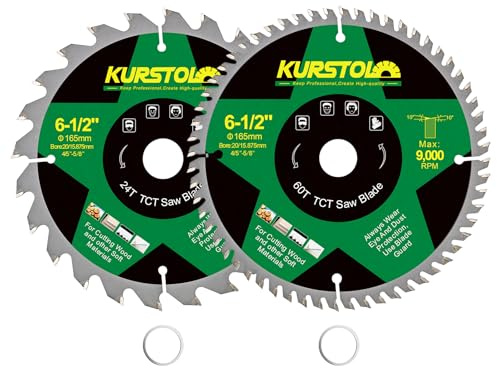 KURSTOL Lame Scie Circulaire Bois 165 x 20mm - 2 pièces 24&60 dents Disques Carbure pour Bois, Plastique, Contreplaqué, Panneaux de Particules, Panneaux Multicouches