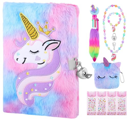 Yoosso 9 Piece Girls Secret Diary Gift Set with Lock and Accessories | Plush lockable diary, pen, bag, necklace, bracelet and stickers, gift set for girls aged 6-13