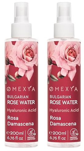 OMEXYA Spray Acqua di Rose 400 ml (Confezione da 2) con Acido Ialuronico e Centella Asiatica – Tonico Viso Naturale al Rosa Damascena – Spray Idratante e Luminoso Senza Additivi