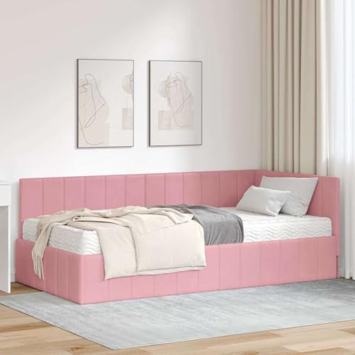 QJBSAVVA Eckbett Rosa 100x200 cm mit Matratze Samt Kopfteil Modernes Design Robustes Holzwerkstoff Ecksofa Stauraum Jugendzimmer Schlafzimmer 140 kg belastbar