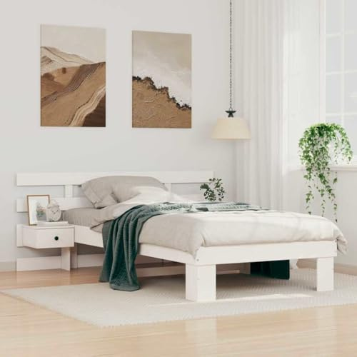 QJBSAVVA Bettgestell 100x200 cm Kiefer Weiß mit Nachttischen & Schublade, Plattformbett ohne Boxspring