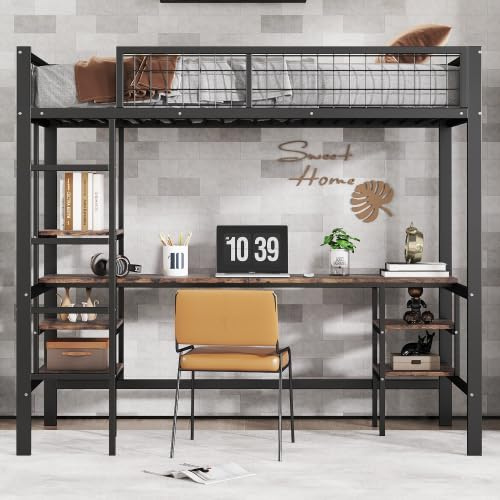 Merax Eisenbett Etagenbett für Kinder und Jugendliche, 90x200cm, mit Tisch und Regal, 4-stufiger Leiter, Schwarz und Dunkle Holzfarbe, EN 747 Zertifiziert