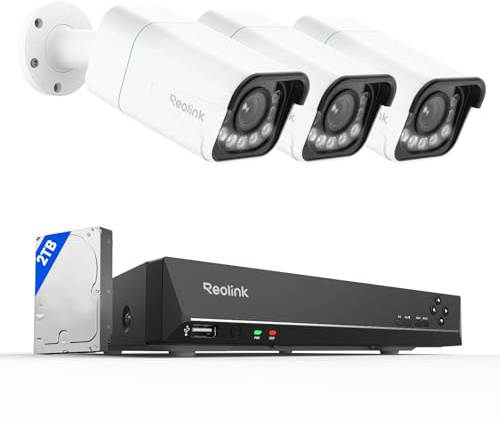 Reolink 4K PoE Security Camera System, 3X 8MP Outdoor Cameras RLC-811A with 5X Optical Zoom, Human/Vehicle Detection, Color Night Vision Bundle 1x RLN8-410 (2TB HDD)