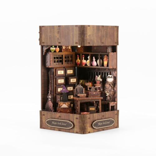 DIY Cutefun Buchstütze Cottage mit LED-Licht, 3D Holz Miniatur Cottage Modell, DIY Kreative Handarbeitsbuch Nook Modell Geschenk für Erwachsene Hobbyist (Magic House)