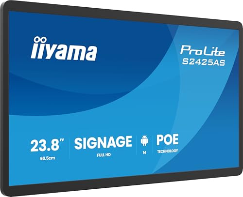 iiyama Prolite S2425AS-B1P 60,5cm 23.8 Digital Signage Display IPS LED Full HD USB-C Audio-Out USB2.0/3.2 RJ45 Android 14 OS iiSignage² WiFi Bluetooth PoE 24/7 3H Anti-Glare schwarz