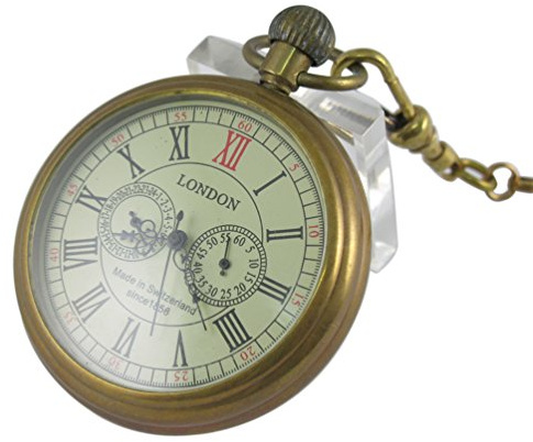 VIGOROSO Men's Vintage Full Copper Hand-Wind Mechanical Second&24hours Sub-dials Pocket Watch in Box
