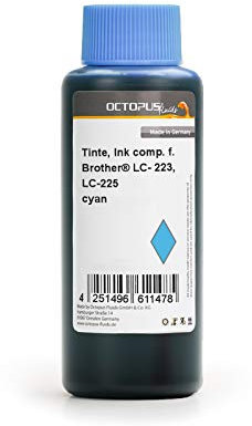 250ml Nachfülltinte, Druckertinte kompatibel für Brother LC- 223, LC-225 Druckerpatronen cyan, für Brother MFC-J 4420 DW, J 4425 DW, J 4620 DW, J 4625 DW, J 5320 DW, J 5600 Series, J 5620 DW, J 5625 DW, J 5720 DW , kein OEM