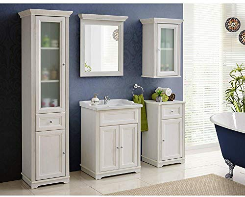 Lomadox Badmöbel Komplett Set Pinie weiß im Landhausstil, 60cm Waschtisch-Unterschrank mit Keramik-Waschbecken, Spiegel, Hochschrank, Hängeschrank und Unterschrank