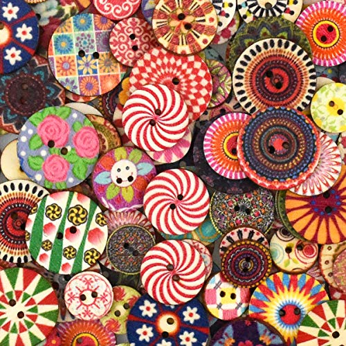 100 Stück Bunte Knöpfe Retro Harz Holzknöpfe Gemischte Rund Puppenknöpfe Nähen Knöpfe Blume Malerei Geometrishes Muster Kinderknöpfe mit 2 Löcher für Nähen DIY Basteln Handwerk Deko 20 mm