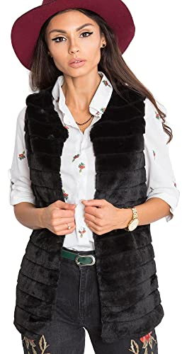 Och Bella Weste für Damen, Weich und Flauschig, Kurze Fellweste, Perfekt für Kältere Tage, Stylische Damen Weste, Befestigt mit Haken, Weste für Frauen mit Satin-Futter, Schwarz, S