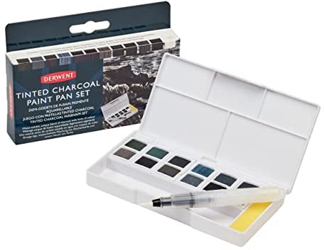 Derwent Tinted Charcoal Paint Pan Set, 12 Paints, Professional Quality, Water Soluble, Blendable, Portable, Includes Palettes, Mini Waterbrush & Cleaning Sponge, 2305872