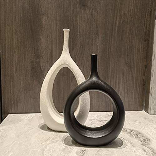 Keramik Vase für Pampasgras,blumenvase modern Wohnzimmer Boho Deko,Blumenarrangement Ornamente Für Dekorieren Von Schlafzimmer, Fensterbank Deko,Tisch, Büro,Wohnungsdeko(Schwarz &Weiß Vasen Set)