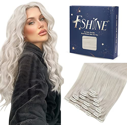 Fshine Clip in Extensions Echthaar Weißblond 35cm 120g Glatt Haar Extension Echthaar Clip in Haarverlängerung 7 Stücke Farbe 1000