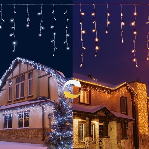 YOSION 300 LED Icicle Lights Curtain String Light, 9M/29ft with Remote Control, Timer, Warm White to White Color Changing, for Indoor & Outdoor, Christmas, Halloween, Gazebo, Eaves, Stairs Decor