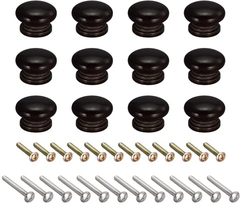 sourcing map Round Wood Knobs, 12pcs 33x23mm Pull Handles for Drawer with Screws Dark Brown