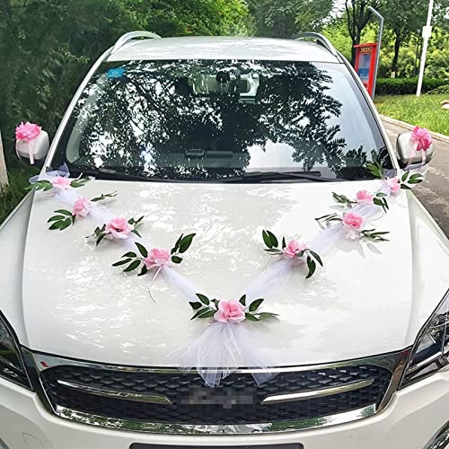 Kit Decoration Voiture Mariage Champetre, Decoration Mariage Voiture Chic, Décoration Voiture Mariage Tulle Et Roses, Noeud Deco Voiture Mariage Retroviseur Ruban Fleurs Seche Ventouse (blanc-rose)