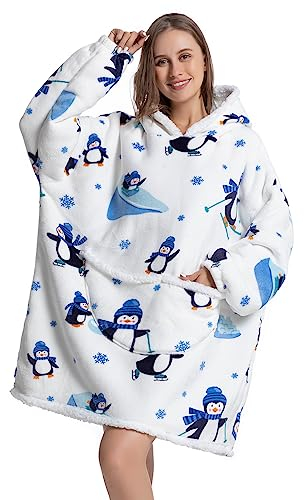 Ksnnrsng Übergroße Hoodie Decke Sweatshirt, Oversized Pullover Kapuzenpullover für Damen Herren Mädchen Teenager Hoodie Tragbare Decken Kapuzenpullover Super Weich Warme Bequeme (Pinguin-Erwachsene)