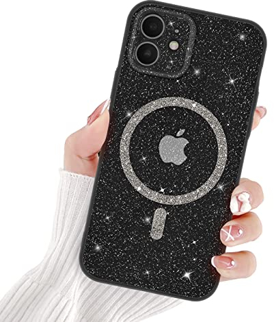 Newseego Glitzer iPhone 12 Hülle für Mädchen Frauen [Kompatibel mit MagSafe] Niedliche Magnetische Handyhülle iPhone 12 Transparent Ultra Slim Stoßfest Kameraschutz Bumper Cover für iPhone 12-Schwarz