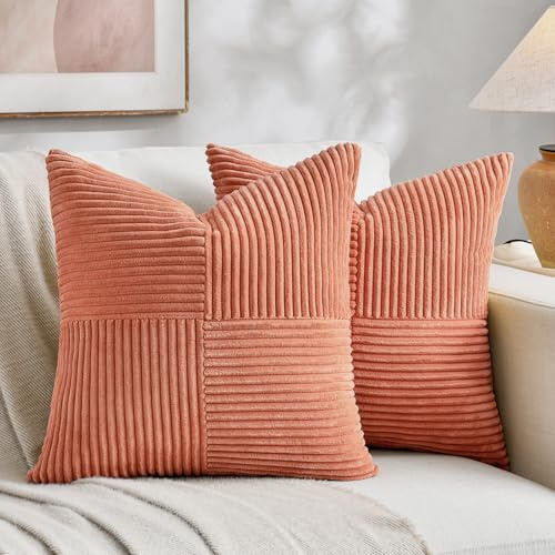 Fancy Homi 2 Packs, korallenroter Dekorativer Kissenbezug für Wohnzimmer Couch, Bett, rustikale Farm-Boho-Heimdekoration, weicher Kord, Corss-Patchwork, strukturiert, Pfirsich, Kissenbezug, 45x45 cm