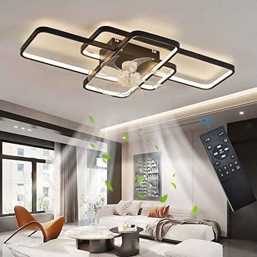 OMGPFR Moderno Ventilador de Techo con iluminación y Mando a Distancia, 6 Velocidades Reversible, LED 80W Dormitorio Ventilador Luz de Techo Silencioso Regulable para Salón Cocina-Black||85CM