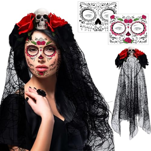 NHYDZSZ Halloween Jour des Morts Bandeau, Serre-Tête Couronne Florale Halloween Jour des Morts Mexicains Crâne Rouge Rose Serre-Tete Tatouages Visage Halloween Déguisement Accessoire