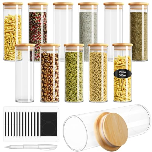 FINEW Gewürzgläser Set Rund -12 x 500ml, Hochwertig Gewürzdosen Glasbehälter mit Bambusdeckel Stapelbare, Luftdicht Vorratsdosen Glas Set zur Gewürze Aufbewahrung, Kleine Gläser mit Deckel & Etiketten