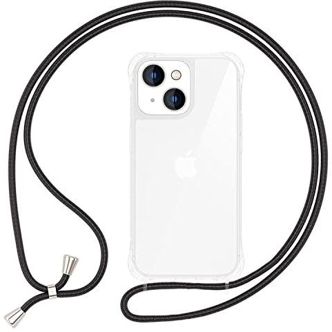 NALIA Klares Hybrid Cover mit Kette kompatibel mit iPhone 15 Plus Hülle, Durchsichtig Robust Anti-Gelb Hardcase & Silikon Rahmen Verstärkt Stoßfest, Case Schutzhülle & Handykette, Farbe:Schwarz