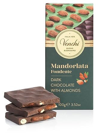 Venchi -Tablette de Chocolat Amande Noir - Amandes Grillées de la Méditerranée, 100 g - Sans Gluten - Végétalien