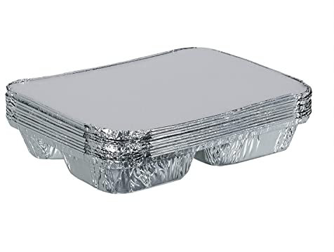 100pcs – Disposable 3 & 4 compartment Aluminium foil food serving containers with lid food divided tray meal prep boxes microwave/freezer safe BBQ Takeaway meals roasting family party (3 Compartment)