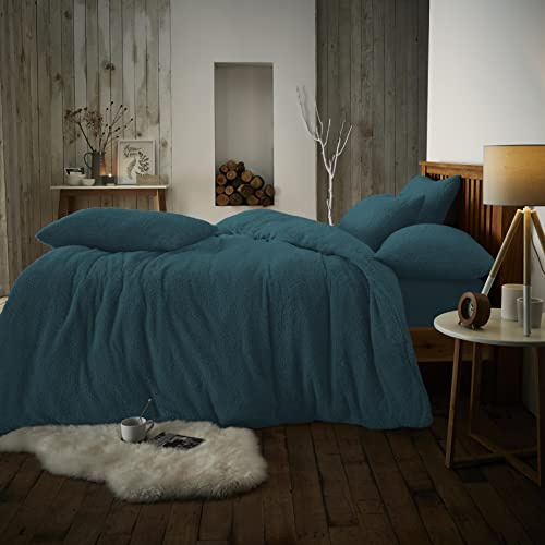GC GAVENO CAVAILIA Polyester Teddy Fluffy Duvet Cover Double | Easycare Warm Thermal Fleece Bedding Set | Super Soft & Snuggly Quilt Bedset With Matching Pillowcases | Green