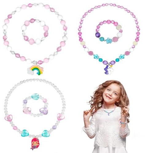 OSDUE Einhorn Schmuck Set Mädchen, Meerjungfrau Armband Set, Meerjungfrau Kinderschmuck Enthalten Halskette, Armbänder, Regenbogen Kinderschmuck Set für Party Dress Up Geschenk (6 Stück)