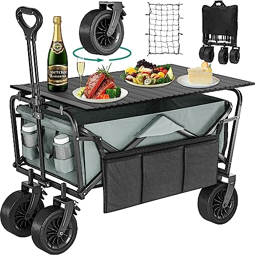 YITAHOME Beach Trolley with Big Universal Wheels, Folding Wagon with table 2 Drink Holders, Large Capacity 220 lbs Adjustable Handle Height, Festival Trolley for Outdoor Garden Picnics (Gray)
