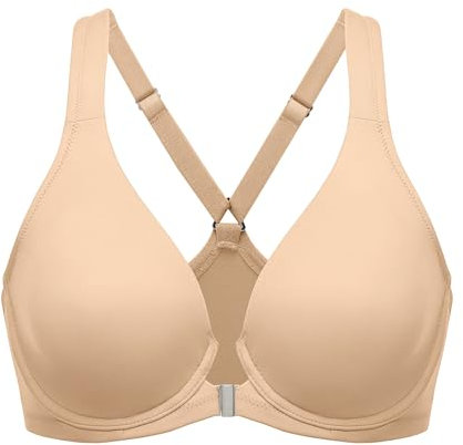 Delimira Women's Front Fastening Bras Seamless Unlined Racer Back Plus Size Underwired Plunge Bra Warm Beige 38C