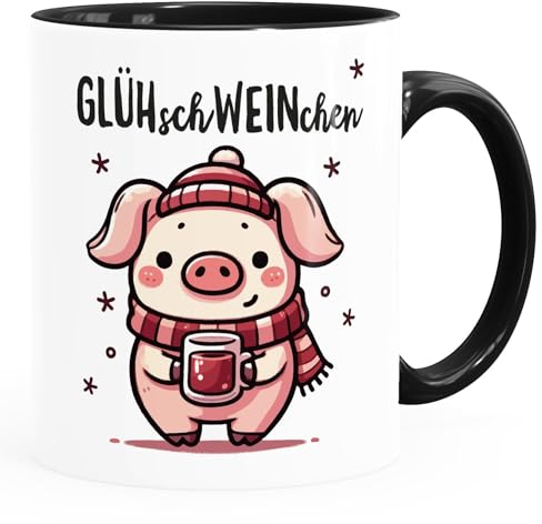 MoonWorks Tasse Glühwein Motiv Glüh-Schweinchen Wortspiel Emaillebecher lustig kleines Geschenk Weihnachten weiß-innen-schwarz standard