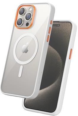 FLOLAB Surtect Tri-Fusion magnetische Schutzhülle für iPhone 15 Pro, schlankes Design, Magsafe-kompatibel, militärischer Rahmen, transparent – Orange Blaze