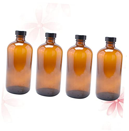 PartyKindom 4pcs 230ml Brown Boston Round Glass Bottles Black Lids Refillable Amber Glass Bottles for Essential Oils and Liquids Storage
