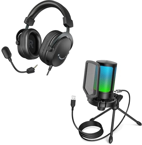 FIFINE Gaming Headset und USB Mikrofon, PC Microphone mit Mikrofon Ständer und Over Ear Kopfhörer mit USB & 3,5 mm Kabel, für Podcast Streaming Studio Mac PS4 PS5 Xbox Switch (A6V+H9)
