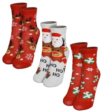 United Labels Rentier Santa Socken für Jungen und Mädchen - Weihnachtssocken Kinder Winter Sneaker Kindersocken Söckchen Rot/Grau (3er Pack)
